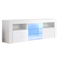 White glossy LED TV unit 160cm on white background showing blue LED center glass shelves and side doors