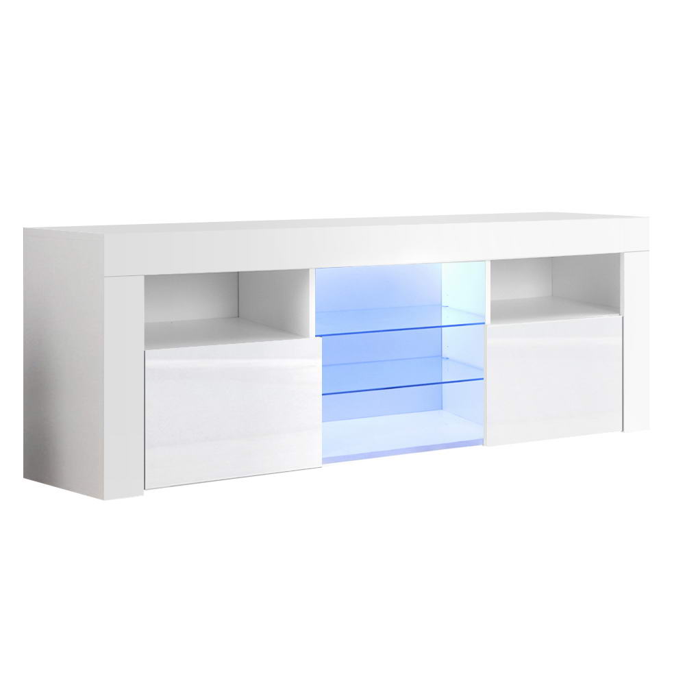 White glossy LED TV unit 160cm on white background showing blue LED center glass shelves and side doors
