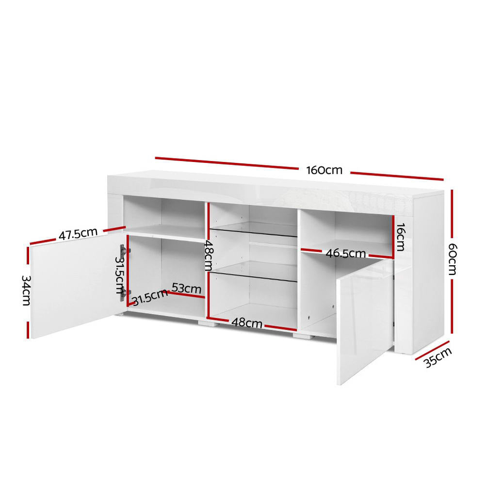 White glossy LED TV unit 160cm dimension diagram 160x60x35cm with internal shelf measurements