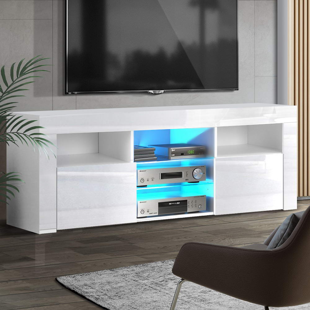 White glossy LED TV unit 160cm in grey living room with blue LED glass shelves and AV equipment