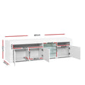 White glossy LED TV unit 180cm dimensions diagram showing 180x53x35cm with 81cm, 40cm and 28cm internal measurements