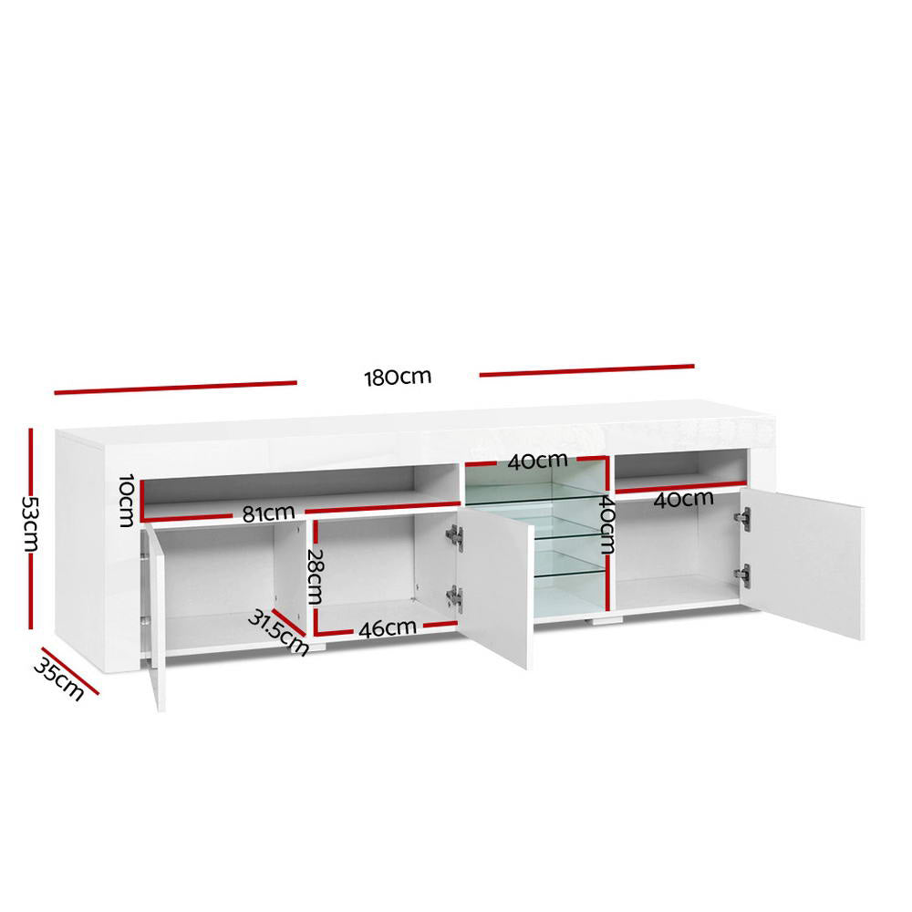 White glossy LED TV unit 180cm dimensions diagram showing 180x53x35cm with 81cm, 40cm and 28cm internal measurements