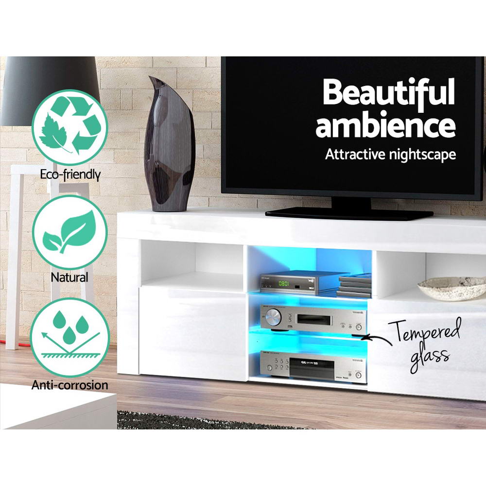 White glossy LED TV unit close-up beautiful ambience eco-friendly natural anti-corrosion tempered glass