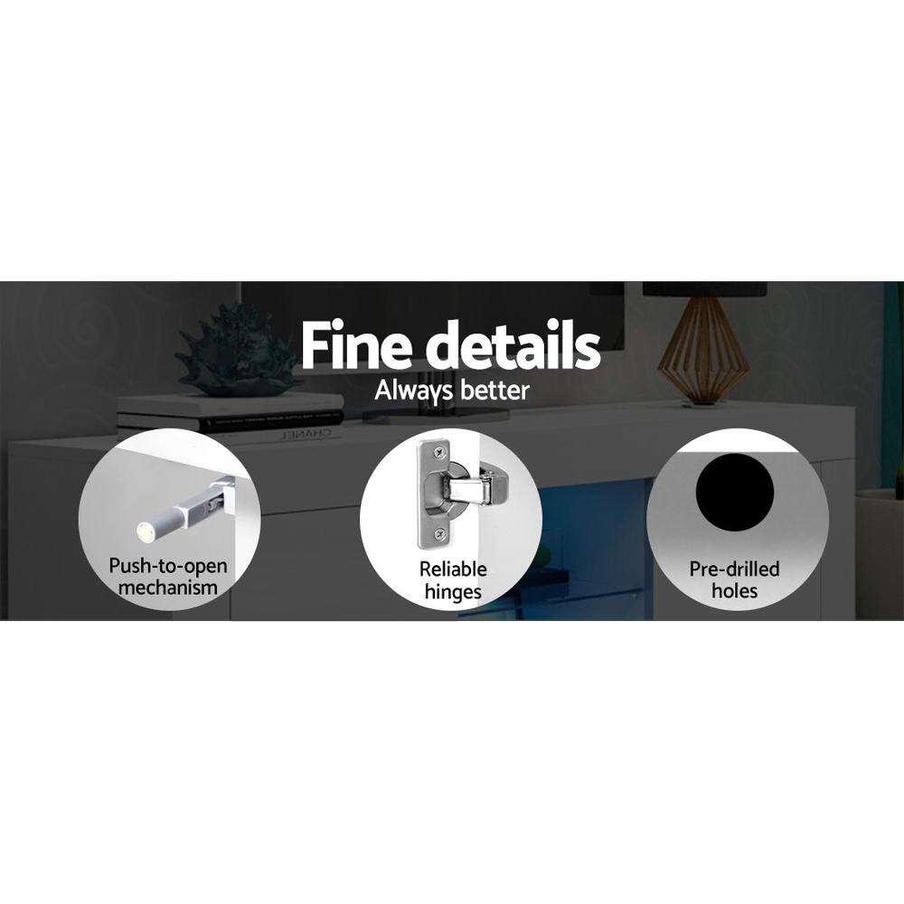 White glossy LED TV unit fine details showing push-to-open mechanism reliable hinges pre-drilled holes