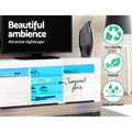 White glossy LED TV unit close-up with blue LED tempered glass shelves labelled eco-friendly natural anti-corrosion