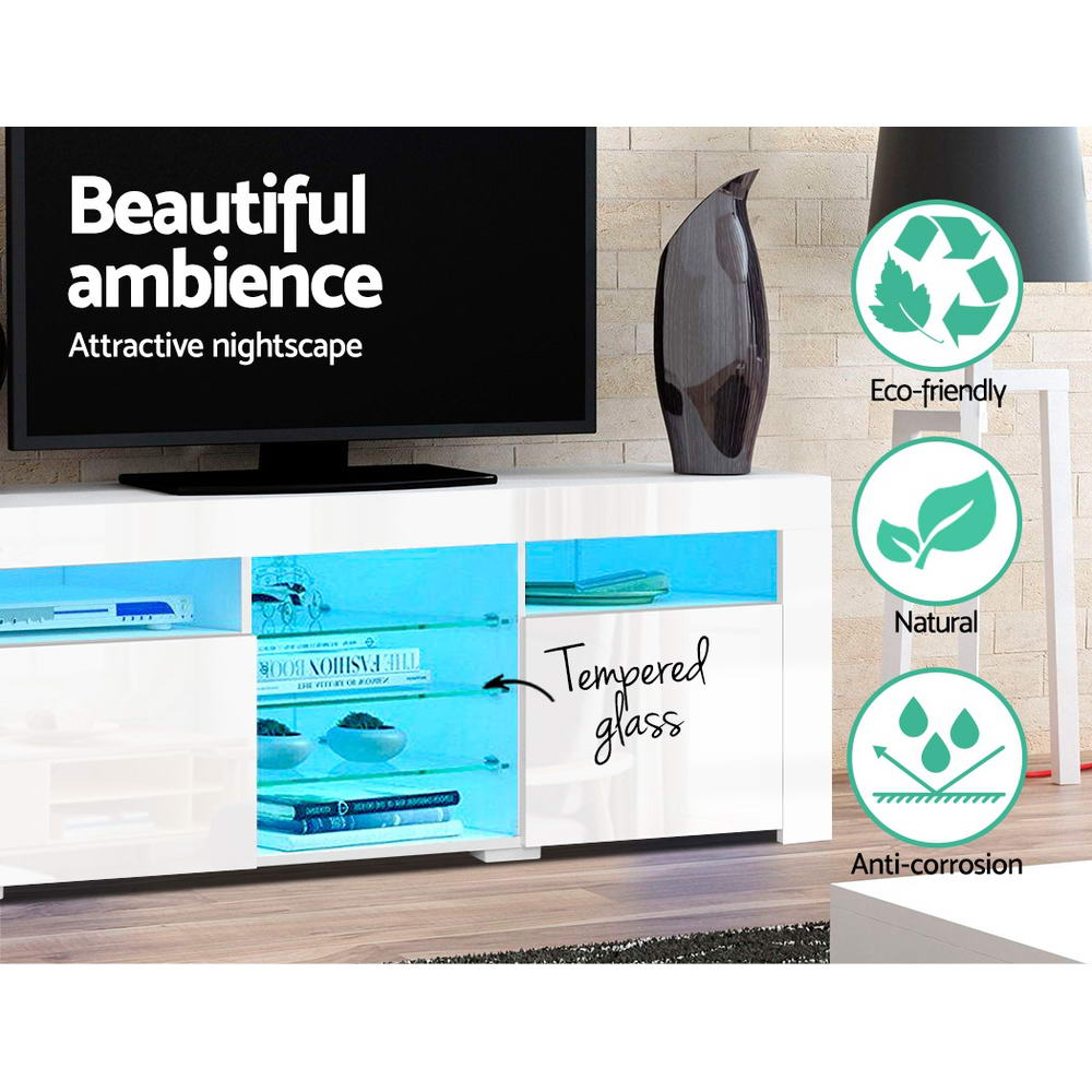 White glossy LED TV unit close-up with blue LED tempered glass shelves labelled eco-friendly natural anti-corrosion