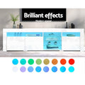 White glossy LED TV unit 180cm with blue LED and 16 LED colour swatches showing all available light options