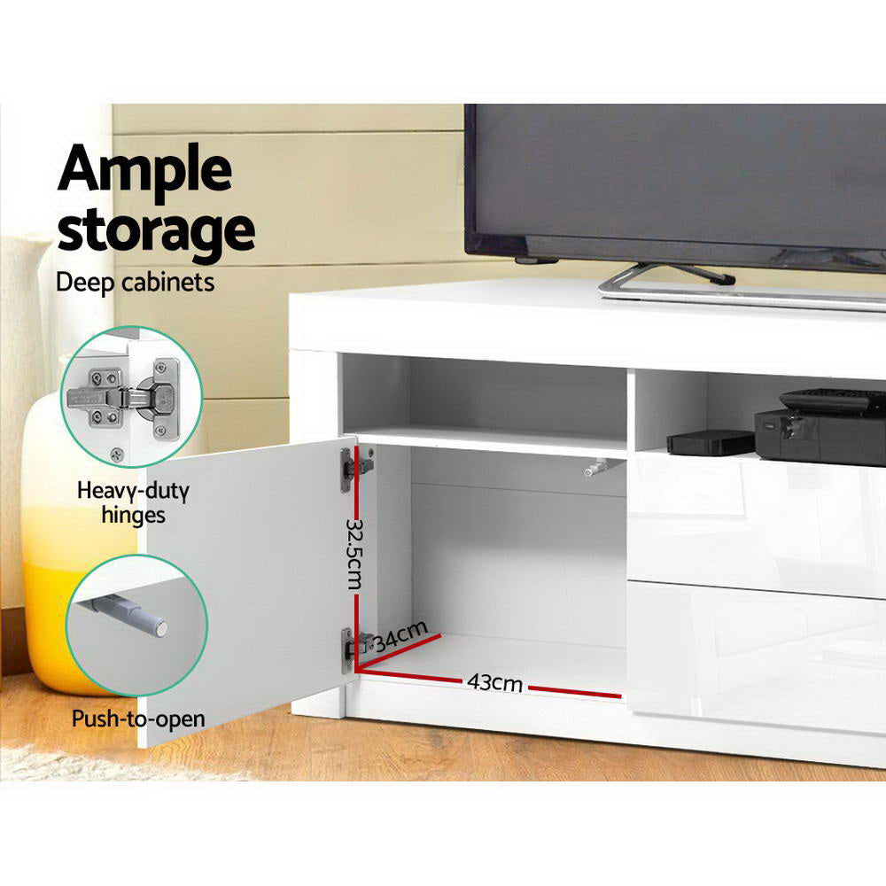 White glossy TV unit cabinet open showing 32.5cm deep storage with heavy-duty hinges and push-to-open