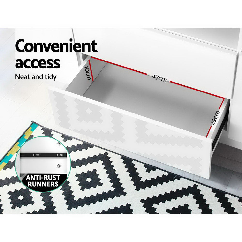 White glossy TV unit drawer open convenient access 47x29cm with anti-rust metal runners label