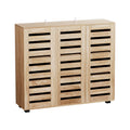 White hall tree with four double-prong coat hooks in upper section and six open shoe cubbies below
