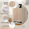 Herringbone shoe cabinet feature callouts: MDF door pattern, push-to-open mechanism, open shelf, pine legs