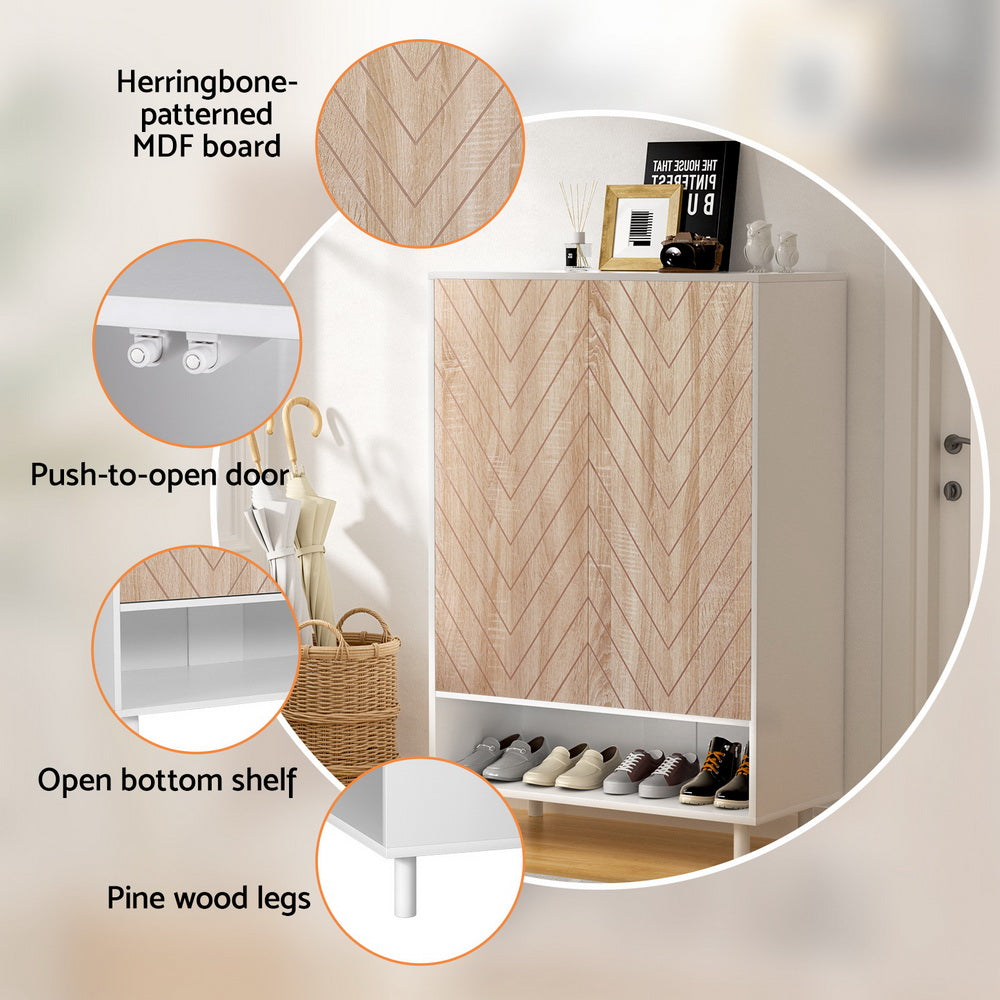 Herringbone shoe cabinet feature callouts: MDF door pattern, push-to-open mechanism, open shelf, pine legs