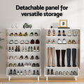 Two views of white herringbone shoe cabinet open loaded with footwear showing detachable panel storage