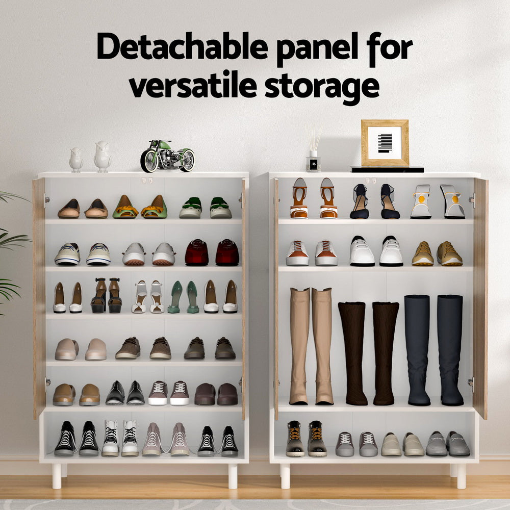 Two views of white herringbone shoe cabinet open loaded with footwear showing detachable panel storage