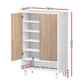 White herringbone shoe cabinet open showing 4 internal shelves with dimensions 73cm wide 110cm tall