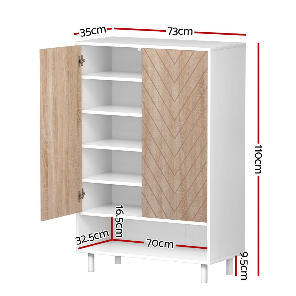 White herringbone shoe cabinet open showing 4 internal shelves with dimensions 73cm wide 110cm tall