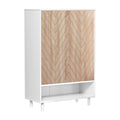 White shoe cabinet with herringbone-patterned oak doors and open bottom shelf, angled side view