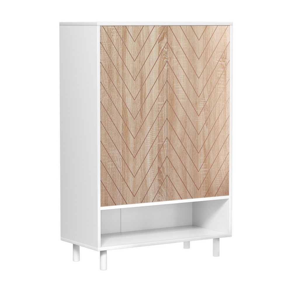 White shoe cabinet with herringbone-patterned oak doors and open bottom shelf, angled side view
