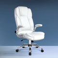 White high-back executive office chair with padded flip-up armrests and chrome five-star base on white background