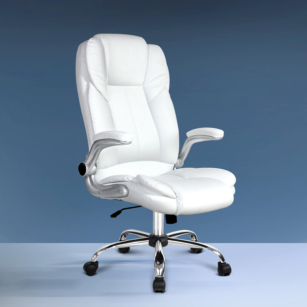 White high-back executive office chair with padded flip-up armrests and chrome five-star base on white background