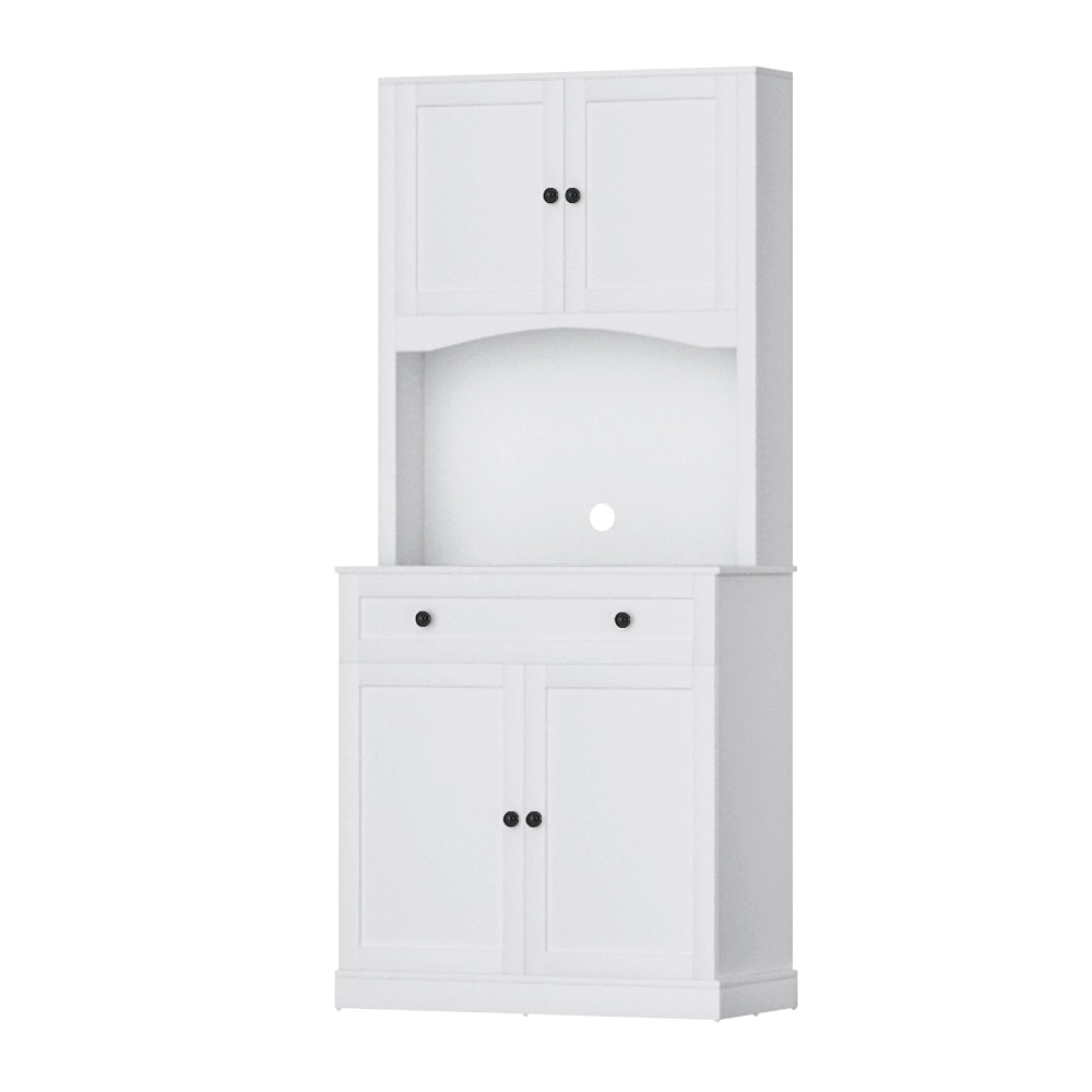 White two-piece kitchen hutch cabinet with shaker doors, arched niche, one drawer and black knobs on white background