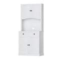 White two-piece kitchen hutch cabinet with shaker doors, arched niche, one drawer and black knobs on white background