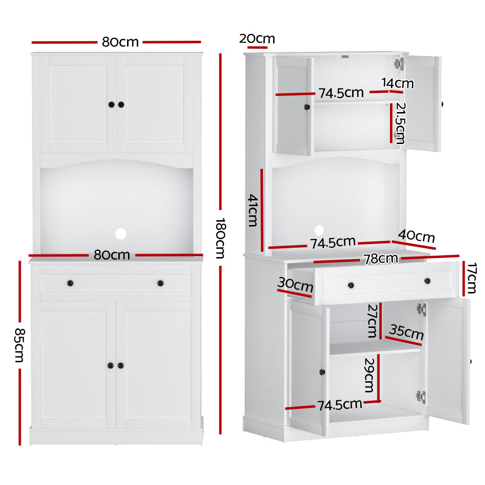 White kitchen hutch cabinet dimensions: 80cm wide, 180cm tall with upper doors, arched niche and lower storage section