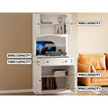 White kitchen hutch cabinet with all doors open and capacity labels: 10kg upper shelves, 30kg niche, 7.5kg drawer, 30kg lower