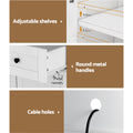 White cabinet feature collage: adjustable shelves 4.5cm increments, round metal handles with metal runners, cable holes