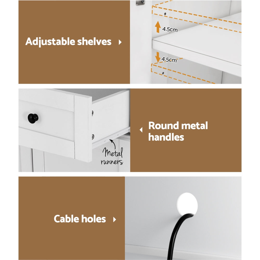 White cabinet feature collage: adjustable shelves 4.5cm increments, round metal handles with metal runners, cable holes