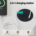 Built-in round wireless charging pad with USB cable, text 3-in-1 charging station, icons for wireless charger, USB and Type-C