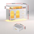 Dimensions diagram of white LED arch sideboard: 100cm wide, 80cm tall, 40cm deep, cabinet 56cm, drawer 30x31x12cm