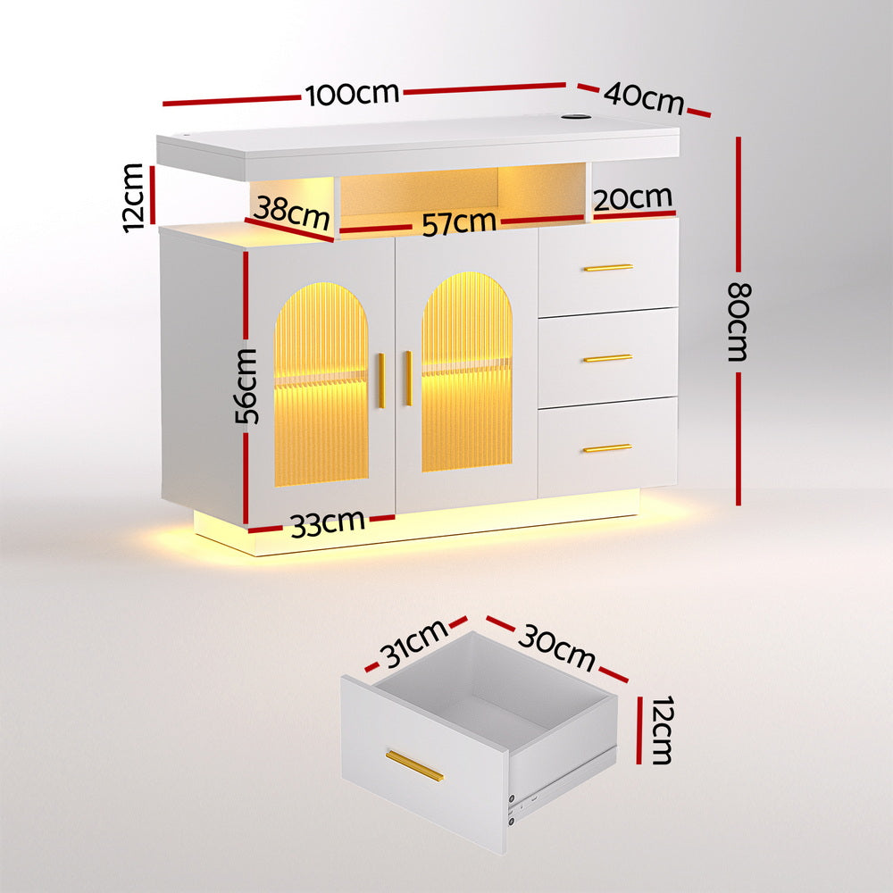 Dimensions diagram of white LED arch sideboard: 100cm wide, 80cm tall, 40cm deep, cabinet 56cm, drawer 30x31x12cm