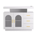White LED arch sideboard front view, floating top shelf, two arch fluted glass doors and three drawers with gold handles