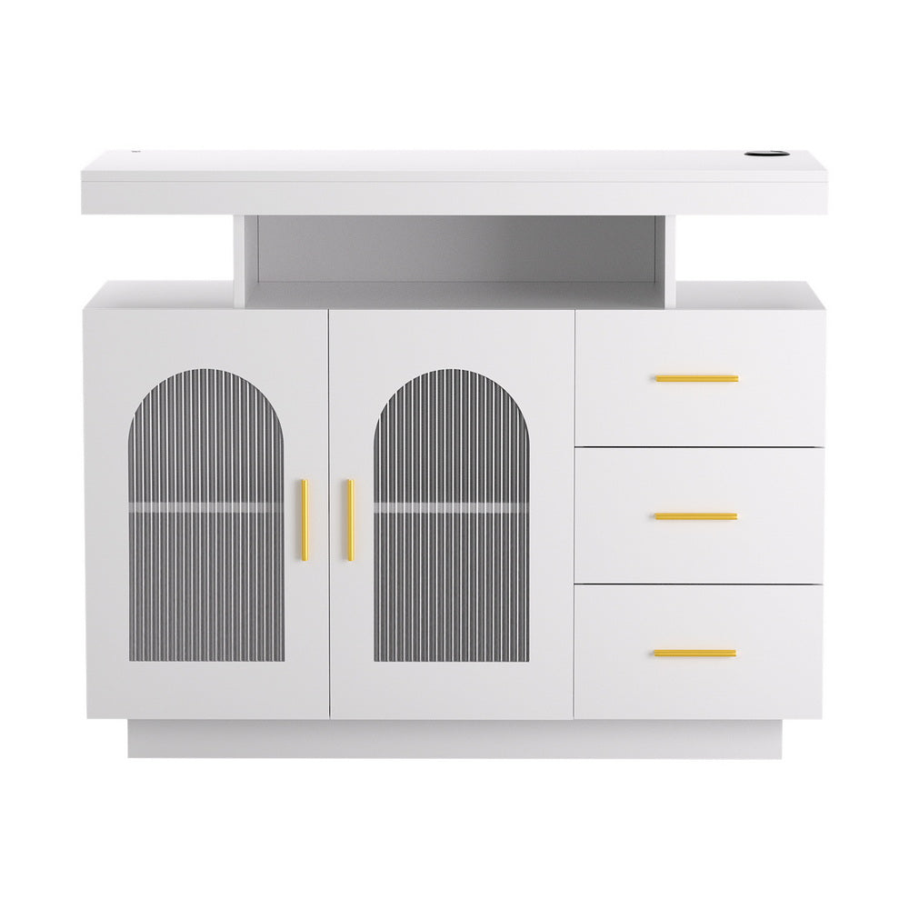 White LED arch sideboard front view, floating top shelf, two arch fluted glass doors and three drawers with gold handles