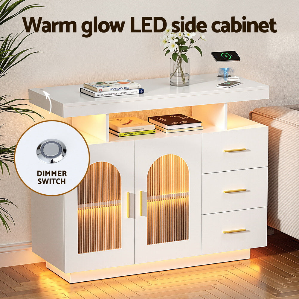 White LED arch sideboard in room with warm gold LED glow, books and phone charging on top, dimmer switch inset
