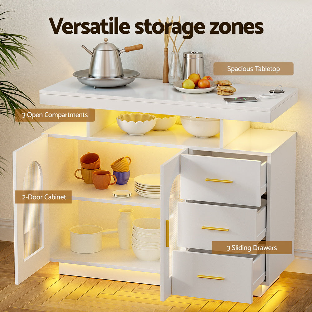 Open white LED arch sideboard showing spacious tabletop, open shelf, two-door cabinet with mugs and three sliding drawers