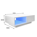 White high-gloss LED coffee table dimensions diagram showing 95cm width, 55cm depth and 35cm height, blue LED lit shelf