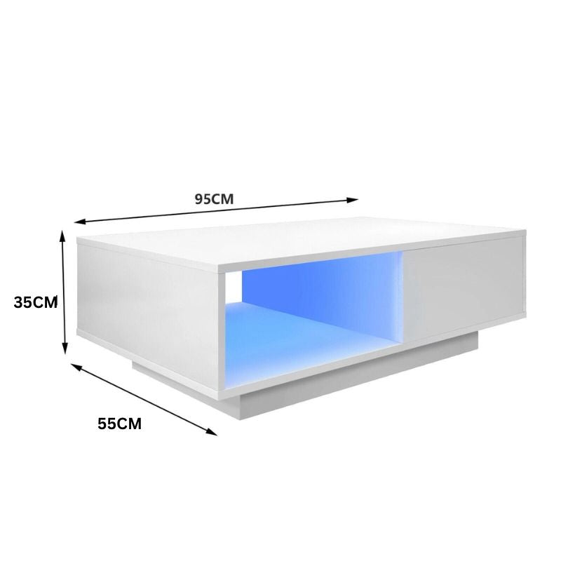White high-gloss LED coffee table dimensions diagram showing 95cm width, 55cm depth and 35cm height, blue LED lit shelf