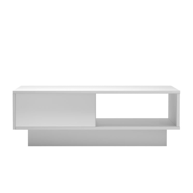 White high-gloss coffee table on white background, drawer on left side and open shelf compartment on right