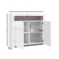 Dimensions diagram of white high-gloss LED sideboard: 107.5cm wide, 97.5cm tall, 35cm deep, interior shelf 51.5cm wide