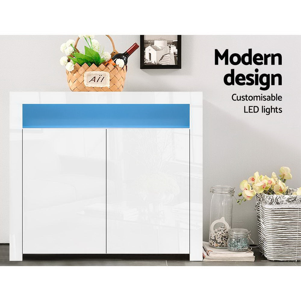 White LED sideboard in room setting with blue LED strip lit, text reads Modern design Customisable LED lights