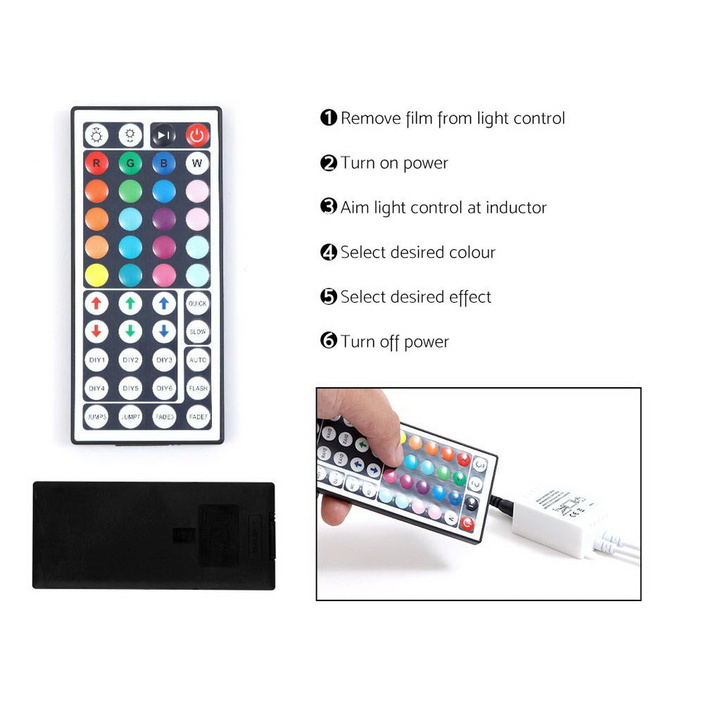 LED sideboard remote control with 44 coloured buttons, black receiver box, and 6-step usage instructions