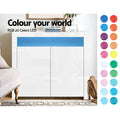 White LED sideboard in living room with blue LED, text reads Colour your world RGB 20 Colors LED, with 20 colour swatches