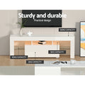 White glossy LED TV unit 130cm sturdy and durable callout 50kg top capacity 10kg and 5kg shelf capacity labels
