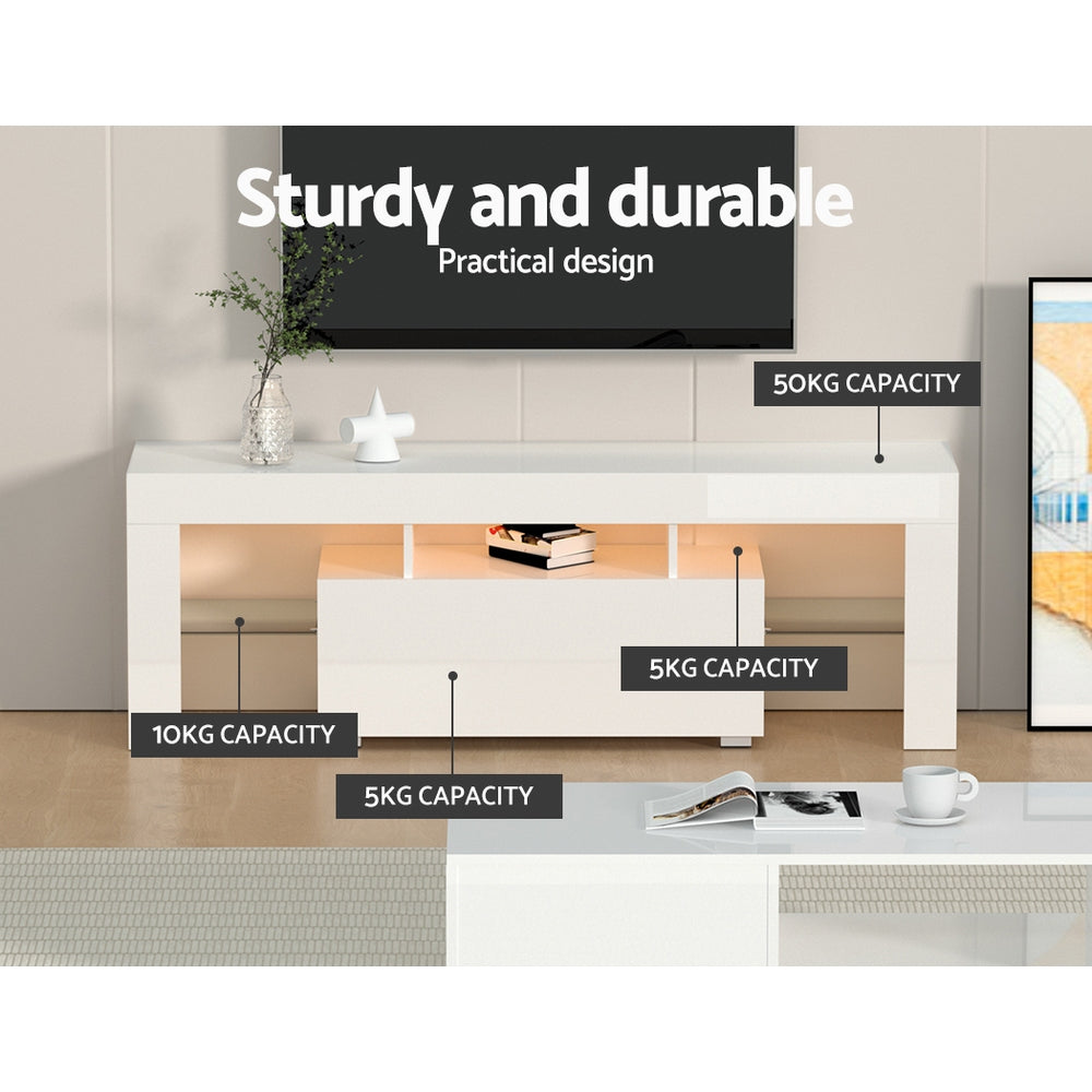 White glossy LED TV unit 130cm sturdy and durable callout 50kg top capacity 10kg and 5kg shelf capacity labels