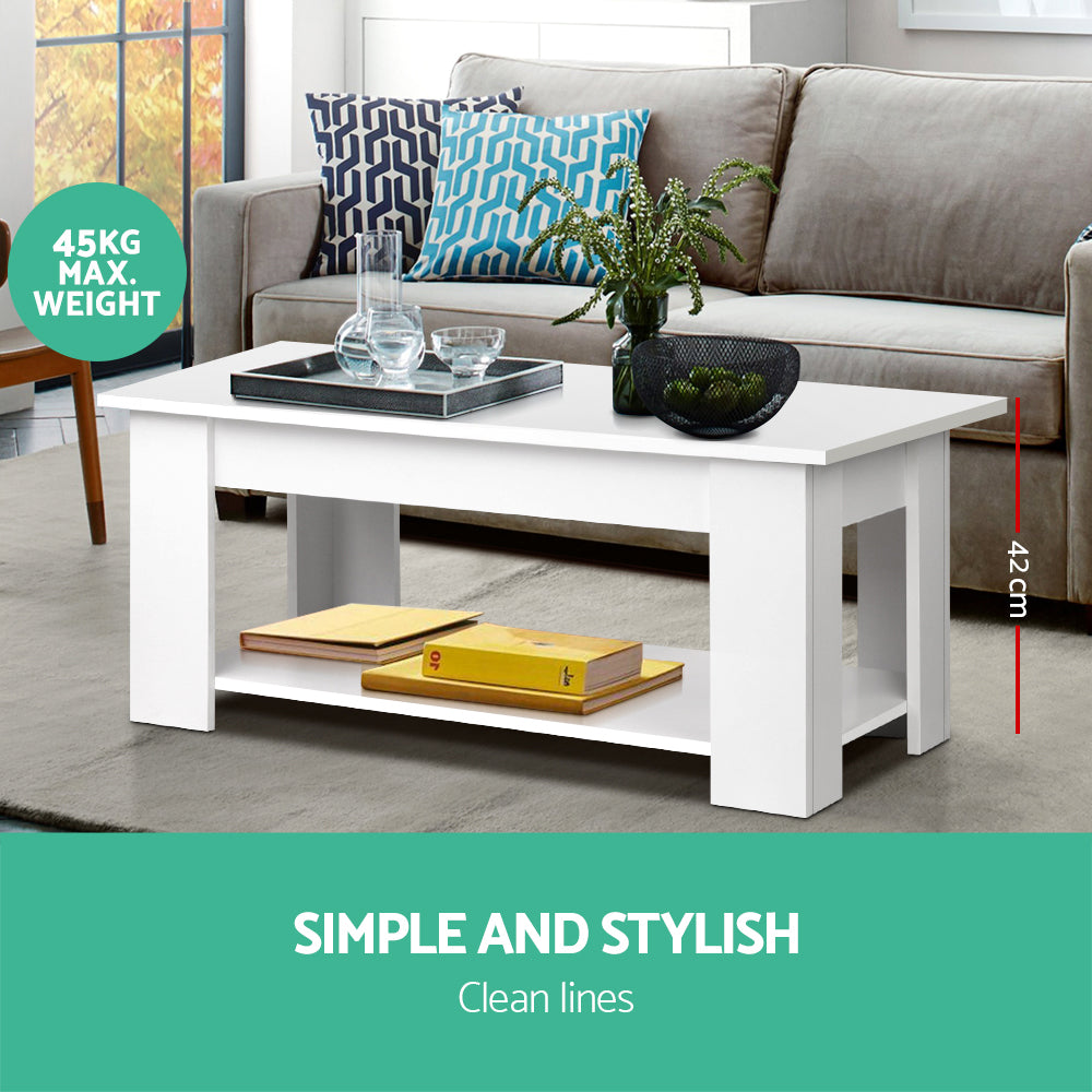 Close-up of white lift-top coffee table mechanism with lid partially lifted