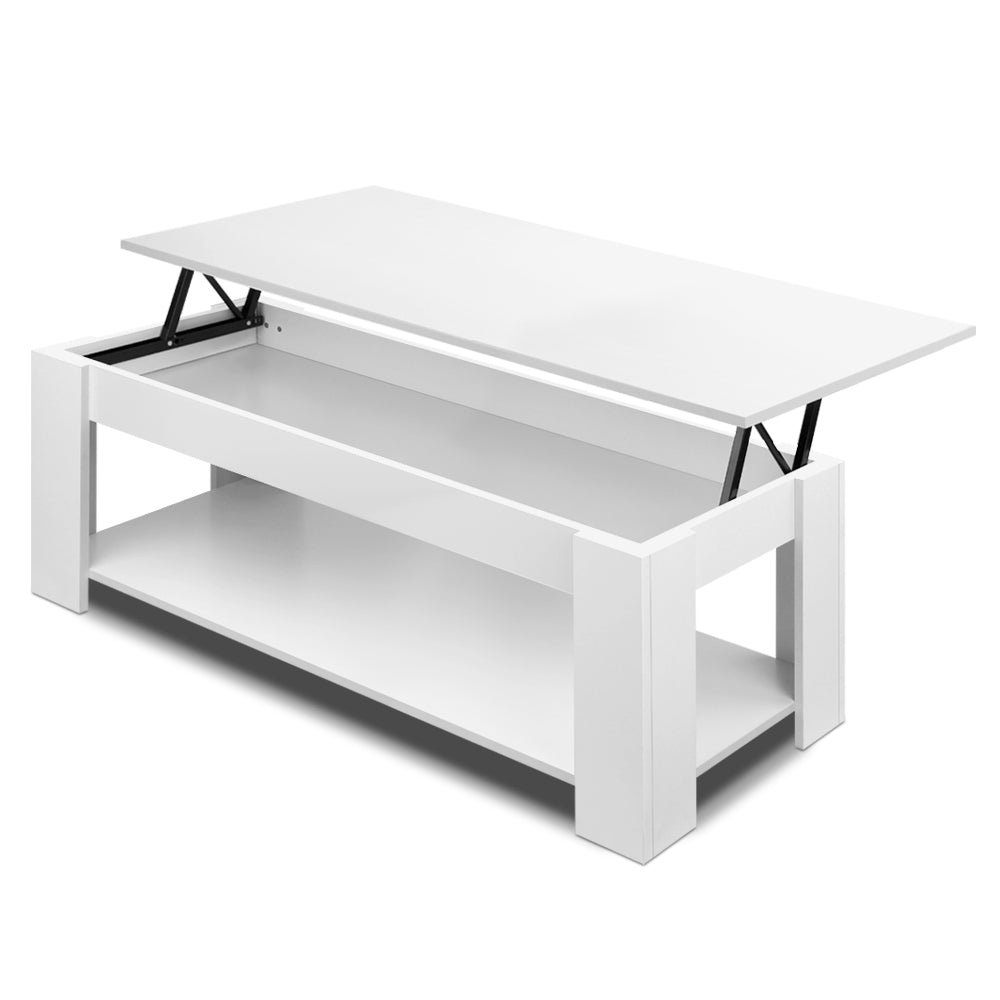White lift-top coffee table with labelled dimension lines indicating overall size