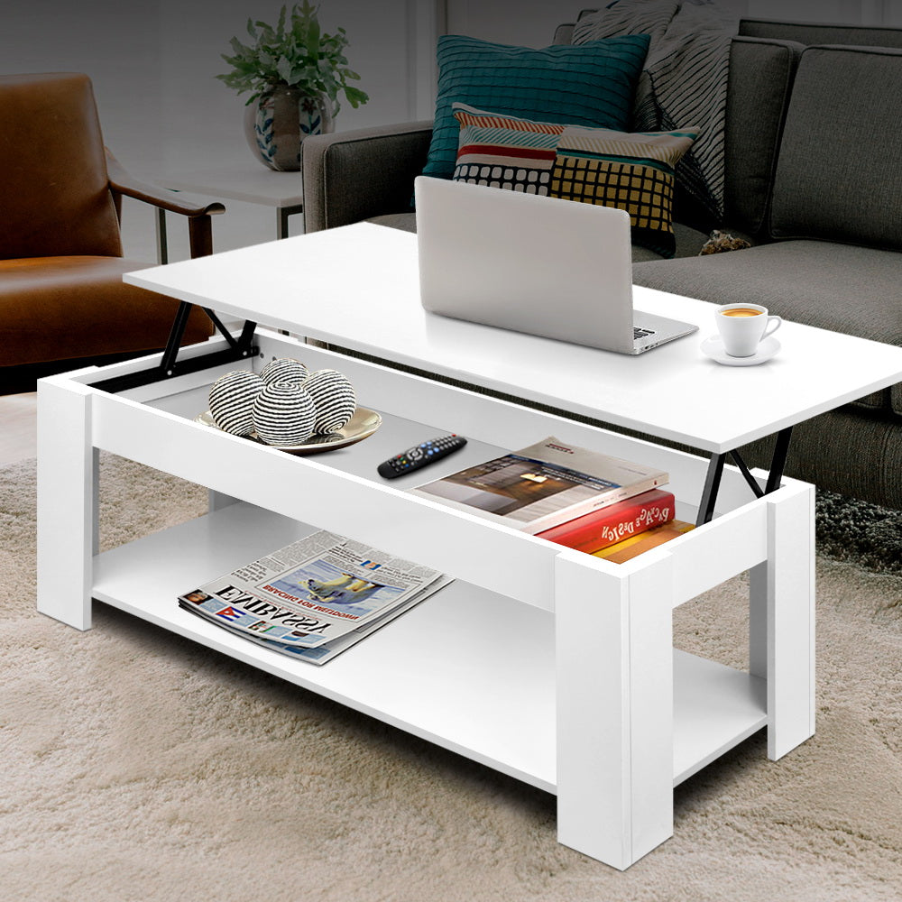 White lift-top coffee table with closed flat surface and lower shelf, front view