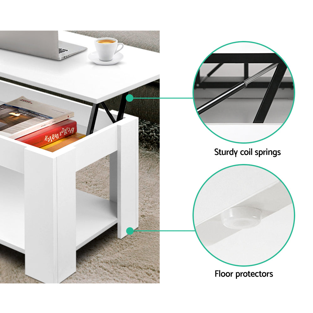 White lift-top coffee table in use with lid open and laptop placed on raised surface